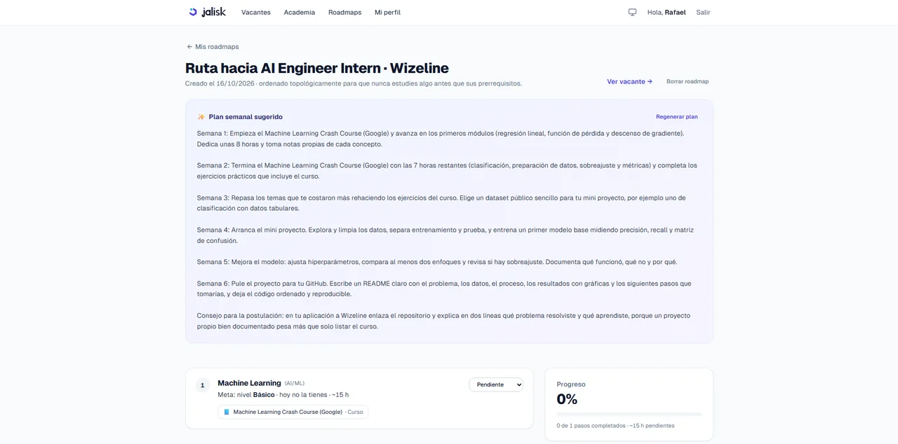 Roadmap de Jalisk hacia AI Engineer Intern en Wizeline: un plan semanal de seis semanas, el paso Machine Learning con su curso y un panel de progreso en 0%.