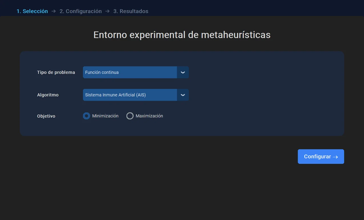 Ventana oscura del entorno experimental de metaheurísticas en el paso 1, Selección: tipo de problema Función continua, algoritmo Sistema Inmune Artificial y objetivo de minimización.