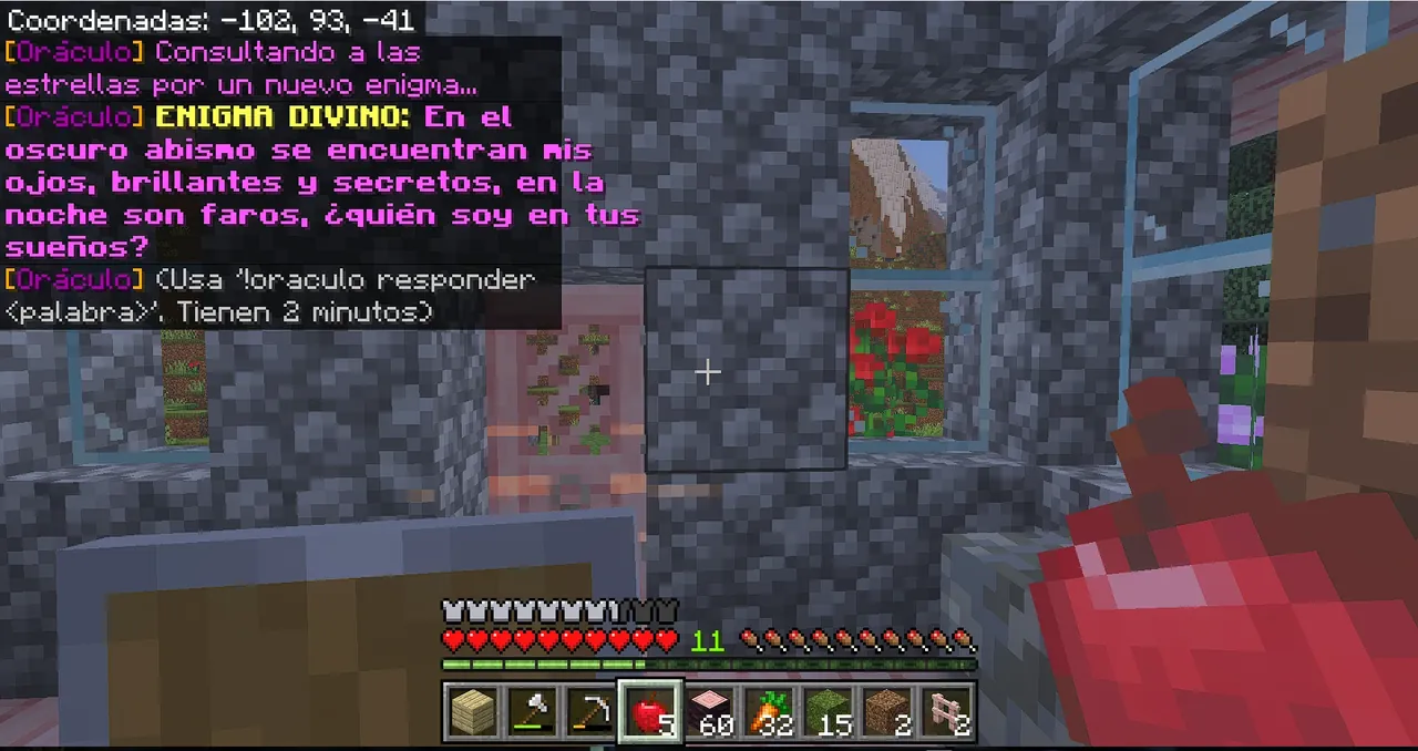 Captura de Minecraft Bedrock: en el chat, el Oráculo consulta a las estrellas y lanza un enigma divino sobre unos ojos brillantes en el abismo, con dos minutos para responder.