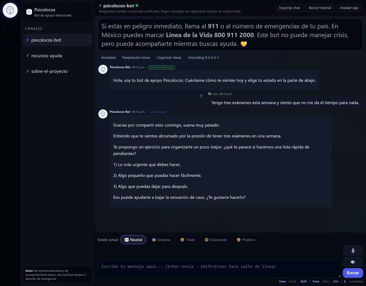 Interfaz del bot estilo chat con canales. Alguien escribe que tiene tres exámenes y no le da el tiempo; el bot valida, resume y propone una lista corta de pendientes.