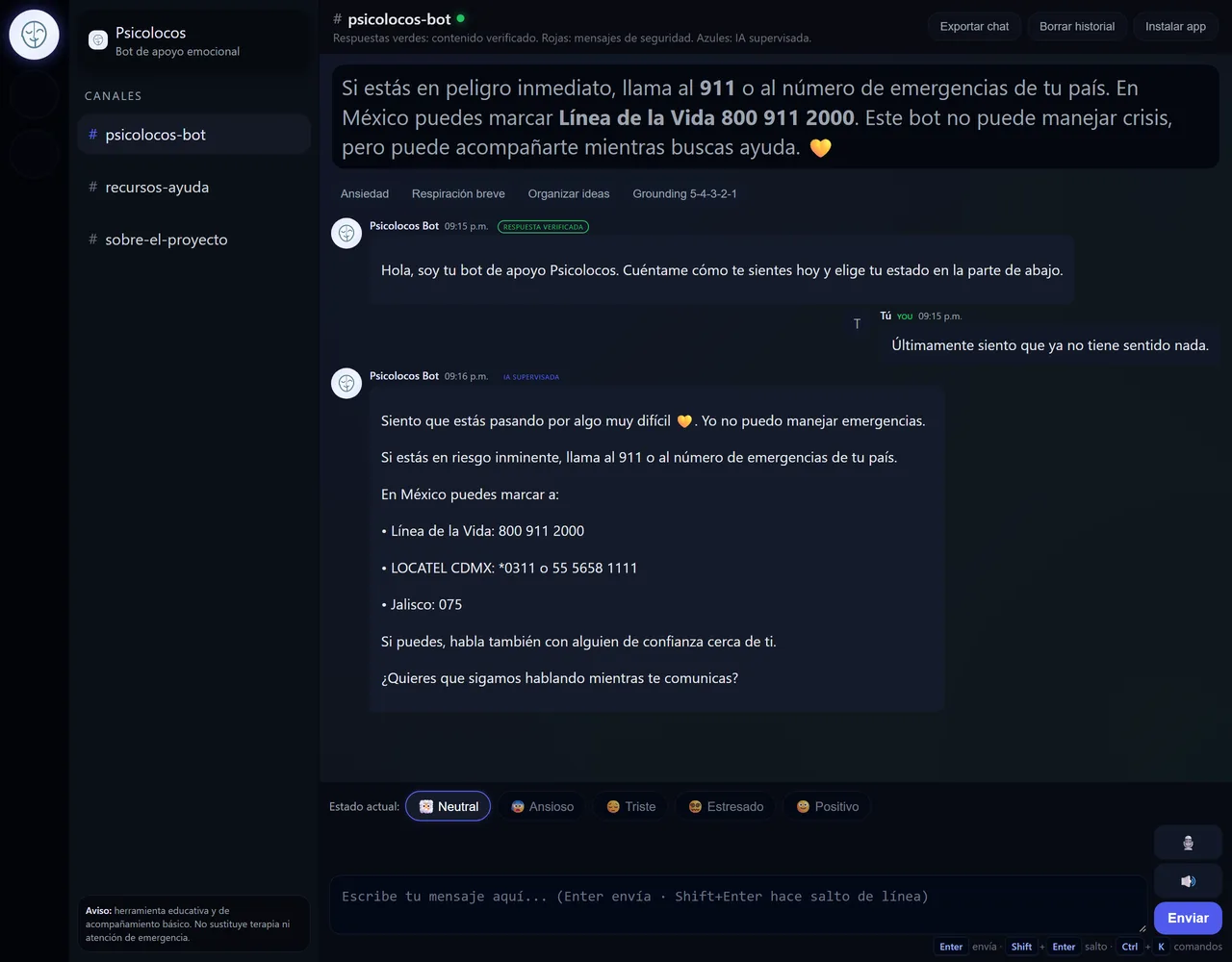 El bot responde a un mensaje de desesperanza con el mensaje de crisis: Línea de la Vida 800 911 2000, LOCATEL y el 075 de Jalisco.