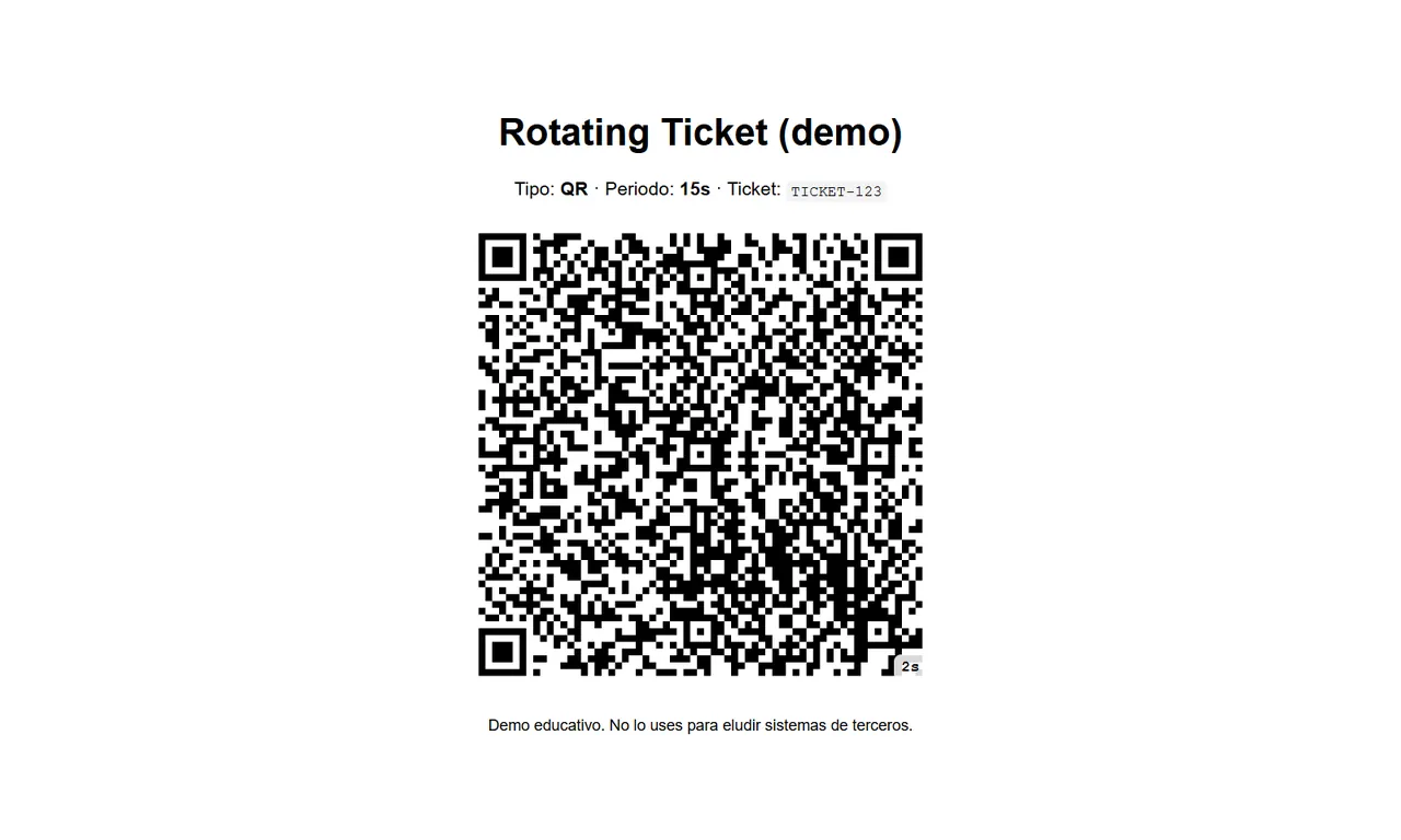 The Rotating Ticket demo page: a large QR code with a countdown in the corner that reaches 1 second; then the QR changes to a different one, three times in a row.