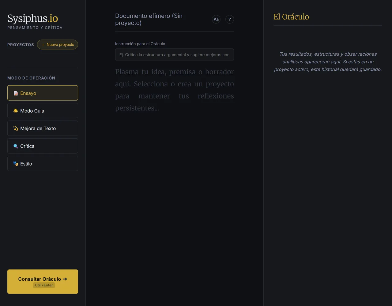 Interfaz oscura de Sysiphus.io: barra lateral con proyectos y los modos Ensayo, Modo Guía, Mejora de Texto, Crítica y Estilo; editor al centro y el panel El Oráculo a la derecha.
