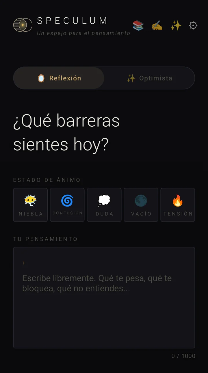Speculum en modo Reflexión, tema oscuro: pregunta «¿Qué barreras sientes hoy?», cinco estados de ánimo y un campo para escribir.