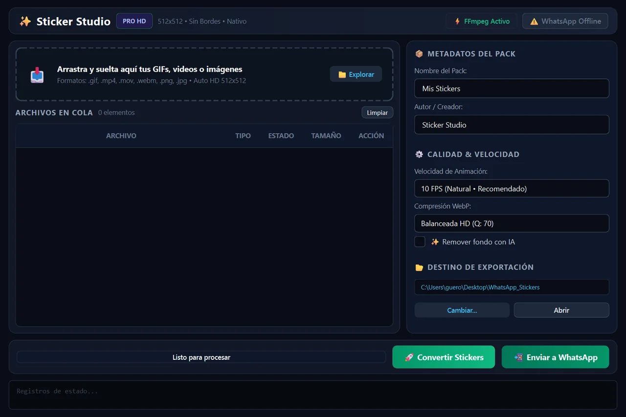 Dark Sticker Studio window: a drop zone for GIFs, videos or images, a file queue, pack metadata, quality and speed, and Convert Stickers and Send to WhatsApp buttons.