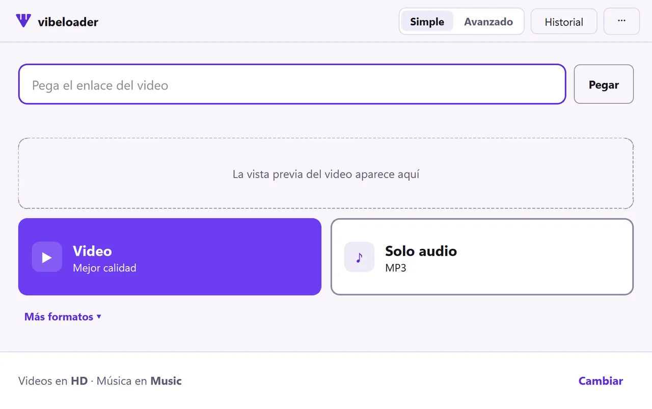 Interfaz clara de VibeLoader 4.0 con el logo Play-Drop, el selector Simple y Avanzado, un campo para pegar el enlace, un recuadro para la vista previa y dos botones grandes: Video y Solo audio.