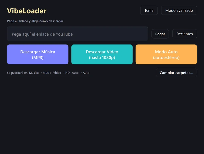 VibeLoader v3: un campo para pegar el enlace y tres botones grandes de colores: Descargar Música, Descargar Video y Modo Auto.