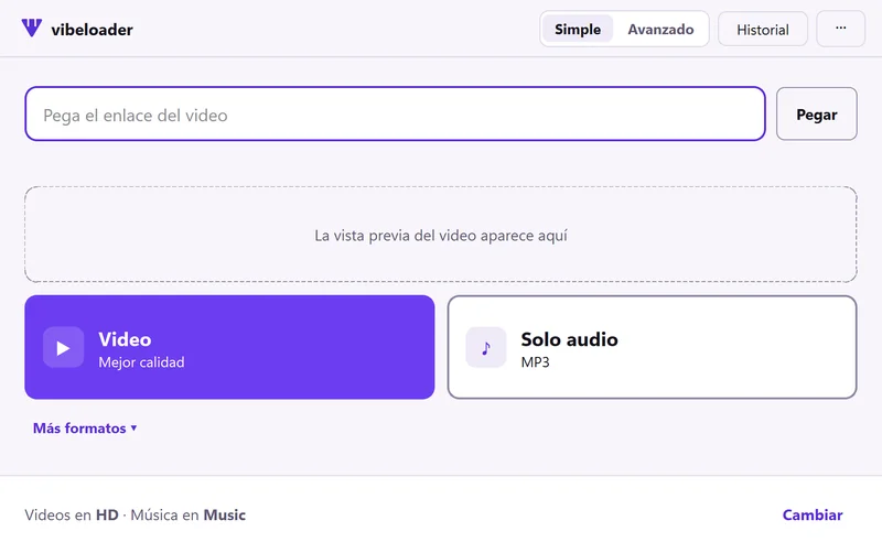 VibeLoader v4: interfaz clara con el logo Play-Drop, selector Simple y Avanzado, un campo para el enlace y dos botones grandes, Video y Solo audio.